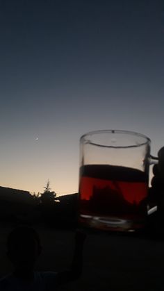 a person holding up a glass with liquid in it at sunset or dusk, and the sky is dark