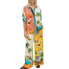 PRICES MAY VARY. Material: Women Casual boho pants sets are made 100% polyester fabric, soft, breathable, lightweight, skin friendly and cozy to wear. Design: Women 2 piece loungewear set, women casual outfits set, women boho sets, women floral printing set, women casual vacation set, short sleeve, fashion wintage graffiti printing set, lapel button down loose shirt, matching with high waist wide leg pants, women summer casual sets are elegant charming to wear. Occasions: Casual daily wear, stre Clothing Sets Outfits, Trouser Suits For Women, Shirt And Wide Leg Pants, Outfit Wide Leg, 2 Piece Outfits For Women, Beach Outfit For Women, Floral Pajama Set, Suit Clothing, Women's Outfit Sets