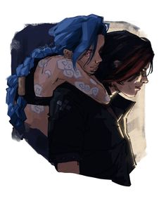 two people with blue hair hugging each other