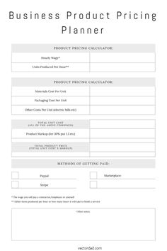 the business product pricing plan is shown