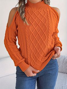 Long Sleeves Loose Hollow Solid Color Cold Shoulder Pullovers Sweater Tops ORANGE-XL American Sweater, Oversized Knitted Jumper, Door Tag, Textured Sweater, Saint John, Cold Shoulder Sweater, Off Shoulder Sweater, High Neck Long Sleeve, Knit Pattern