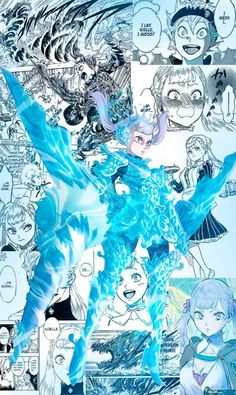 an anime character with blue hair and wings, surrounded by many other characters in the background