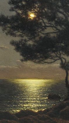 a painting of a tree and the ocean at night