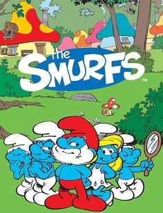 the smurfs cartoon poster with blue and red characters in front of an area full of trees