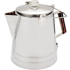 a stainless steel coffee pot with a glass lid and handle on an isolated white background