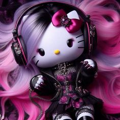 a hello kitty doll with headphones and pink hair