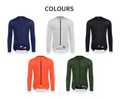 men's long - sleeved cycling jerseys with the words colours in black, white, green, orange and blue