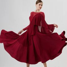 YUN Customisable-Women's Long Sleeve Mesh Round Neck Diamonds Waltz Modern Ballroom Dance Dress Competition Dresses Red Modern Ballroom, Ballroom Dance Dress, Quickstep, Competition Dress, Ballroom Dance Dresses, Foxtrot, Ballroom Dress, Dresses Red, Dance Dress