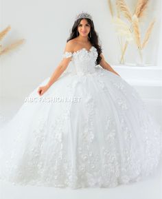 Look like a fairy-tale princess in this long off shoulder sweetheart neckline A-line dress with 3D floral tulle ball gown skirt. This glamorous off shoulder ball gown beautifully accented with 3D floral appliques blooming across the bodice. A sweetheart neckline tops the full tulle skirt accented with pearl and sequined embellishments. This dress is finished with a lace-up back with long royal train. House of Wu Quinceanera Collection Fall 2022 Style Number: 26024 Fabric: 3D Floral/Pearls Sparkl