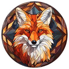 an orange fox is depicted in a circular stained glass window design with geometric shapes on it's face