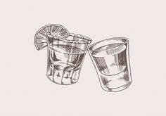 two shot glasses filled with ice and orange slices on top of each other, hand drawn