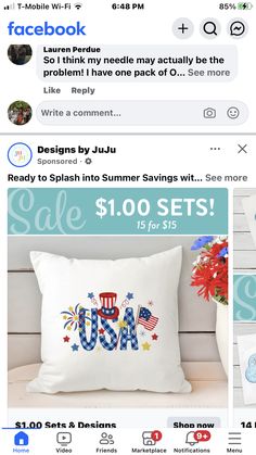 the facebook page for an american flag pillow is shown in this screenshoto photo