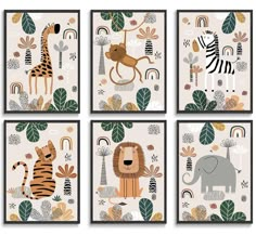 four framed pictures with animals and plants on the wall in different colors, including zebras,