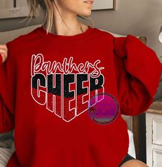 "Custom Glitter BIG Cheer  SweatShirts and Hoodies  -----> Since I can only give 2 option in the drop menus - you will need to indicate more info in the Customization Box. **Please Refer to the Pics** BASE COLOR - Background around Logo PRIMARY COLOR - Cursive Name & Bottom Color in \"CHEER\" SECONDARY COLOR - Top Color in \"CHEER\" **SweatShirt & Hoodie Info: 50/50 Cotton/Poly - Solid Colors 40/60 Cotton/Poly - Heather Colors 8 Oz. Tear Away Tag Pre-ShrunkPill-resistant air jet yarn Uni-Sex Siz Spirit Squad Shirt Ideas, Cheer Tees Shirt Ideas, Cheer Comp Shirt Ideas, College Cheer Shirts, Cheer Designs For Shirts, Cheerleading Shirts Designs High School, Cheer Tshirt Designs Ideas, Funny Cheer Shirt