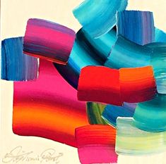 an abstract painting with bright colors and lines on it's surface, in white background