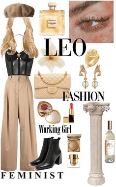 fashion collage with woman's clothing and accessories including shoes, handbag, perfume bottle