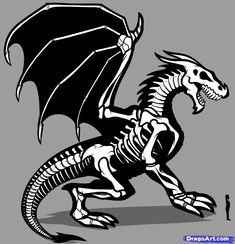 a black and white illustration of a skeleton dragon