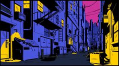 an image of a city street scene in blue, yellow and pink colors with buildings on either side