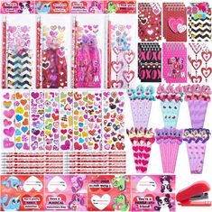 valentine's day party supplies including heart shaped decorations and stickers