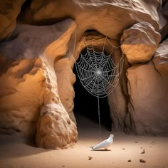 a white bird sitting in front of a spider web