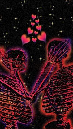 two skeletons holding hands in the dark with hearts above them and stars on the background