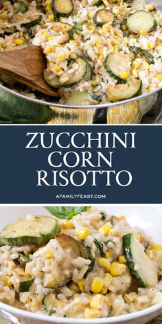 zucchini corn risotto in a white bowl with a wooden spoon on the side