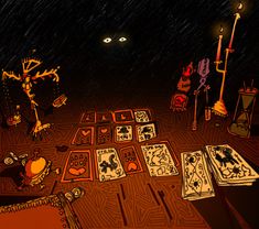 an image of a dark room with cards and candles on the floor at night time