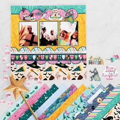 an assortment of scrapbook pages and papers on a white surface with pink, blue, yellow, and green accents