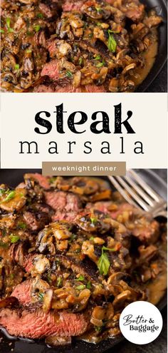 steak marsala in a skillet with mushrooms and green onions on top, served with a fork