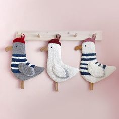 three birds are hanging on the clothes pegs