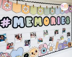 a bulletin board that has pictures on it and the words memories written in large letters