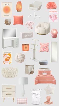 a collage of furniture and decor items in pink, white and peach colors on a gray background