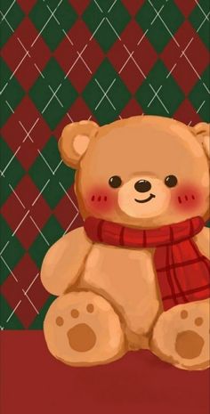 a brown teddy bear wearing a red scarf sitting on top of a green and red checkered wall