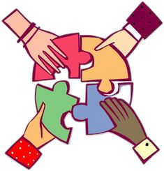 several hands holding each other over a piece of jigsaw puzzle pieces with different colors and shapes