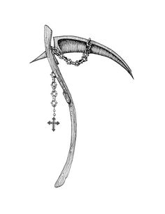 an ink drawing of a knife and cross hanging from it's blade with chain