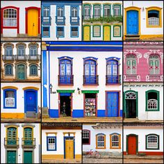 many different colored doors and windows in the same building