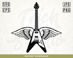 an electric guitar with wings on it and the words instant guitar logo in black ink