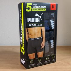 Brand New In Package With Tags Featuring: Puma Men's Box Noer Brief, 5 Pack Pack Contains (3) Black (1) Blue And (1) Gray Recyled Polyester Comfort Waistband Flatlock Seams Active Stretch Tag Free No Fly Content: 90% Recyled Polyester10% Spandex Gsm - 150 Sizing/Fit/Fit: Sizing: M - Xxl Waist: M = 32-34 (In)L = 36-38 (In)Xl = 40-42 (In)Xxl=42-44 (In) The Model Is Wearing A Size Small Price To Sell Ships Same Or Next Day Smoke Free/Pet Free Environment Tbis 150 Brief For Men, Boxers Design, Puma Sport, Compression Shorts, Puma Mens, Cool Technology, Package Design, Boxer Briefs, Sport Fashion