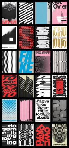 many different types of posters are shown in the same color and font pattern as well as black, white, pink, blue, red