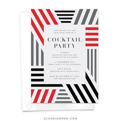 a black, white and red party card with the words cocktail party written on it