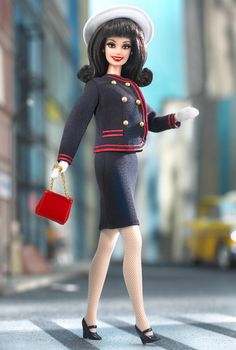 a doll is dressed in a uniform and holding a red purse while walking down the street