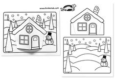 a coloring page with two houses and a snowman