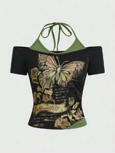 Western Retro Butterfly Printed Off Shoulder Halter Color Block Slim Fit Women's T-Shirt, School Green Casual  Short Sleeve Knitted Fabric Animal  Medium Stretch  Women Clothing, size features are:Bust: ,Length: ,Sleeve Length: Popular Shirts For Women, 80s Off Shoulder Shirt, Off Shoulder Tee Shirt, Retro Butterfly, Popular Shirt, Butterfly Shirts, Butterfly Top, Girl Fits, Shoulder Shirts