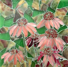 a painting of pink flowers with green leaves