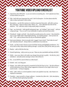 a red and white chevron background with the words youtube video upload checklist