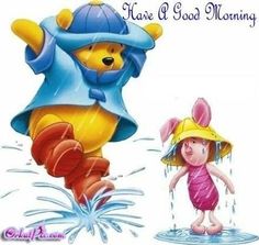 there is a card with a cartoon bear and girl playing in the water, which reads have a good morning happy sunday