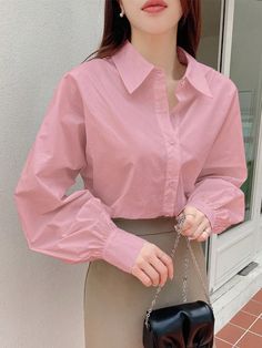 Solid Color Turndown Collar Button-Up Long Sleeve Casual Top Pink Casual  Long Sleeve Woven Fabric Plain Shirt Non-Stretch  Women Clothing, size features are:Bust: ,Length: ,Sleeve Length: Style Français, Business Casual Work, Plain Shirt, Turndown Collar, Style Mistakes, Japanese Women, Inspiration Mode, Casual Top, Long Sleeve Casual