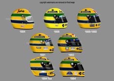 the yellow helmet is designed to look like it has been painted with green and blue stripes