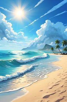 the sun shines brightly over an ocean beach with waves and palm trees on it