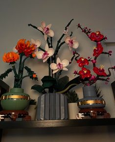 several vases with flowers are sitting on a shelf